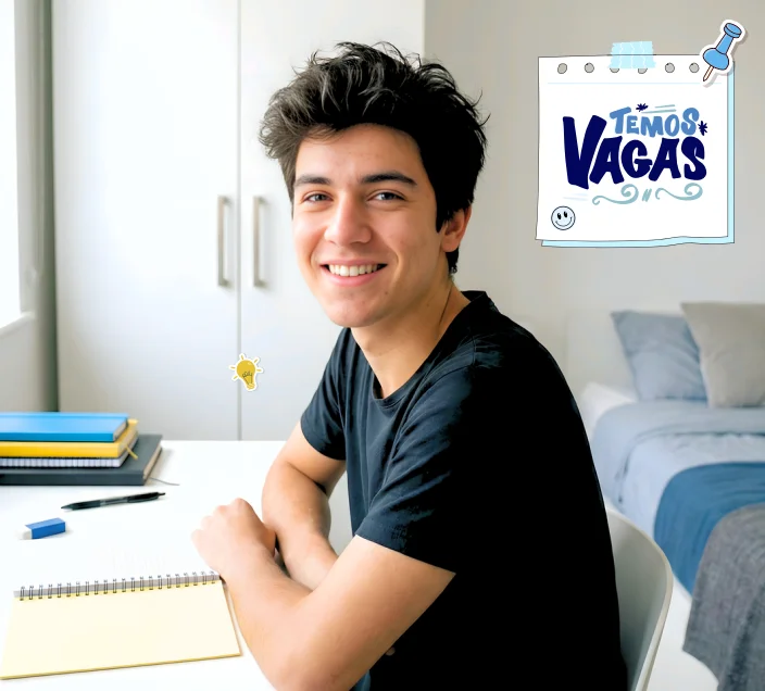 Estudante em quarto mobiliado do Kazê